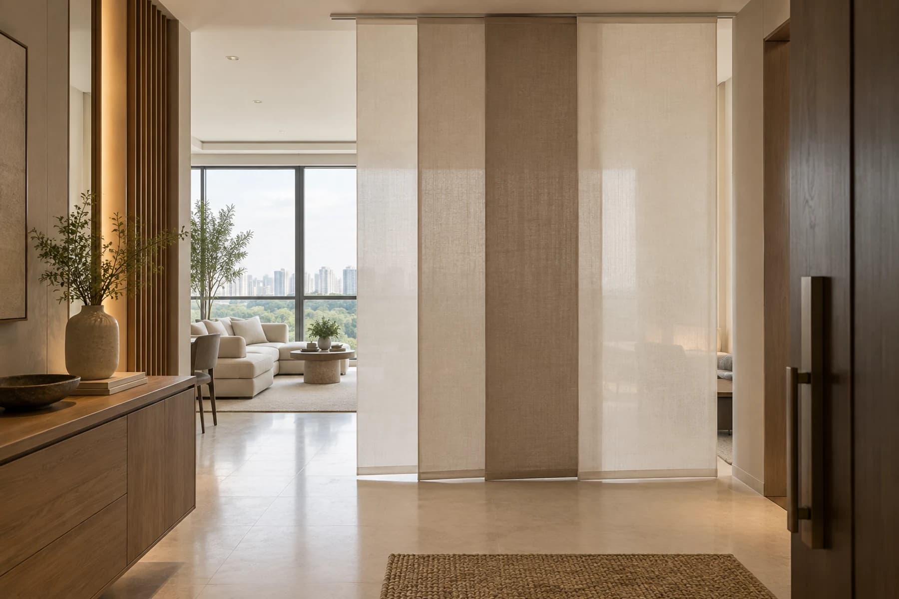 Panel curtains forming a soft screen between an entrance and window
