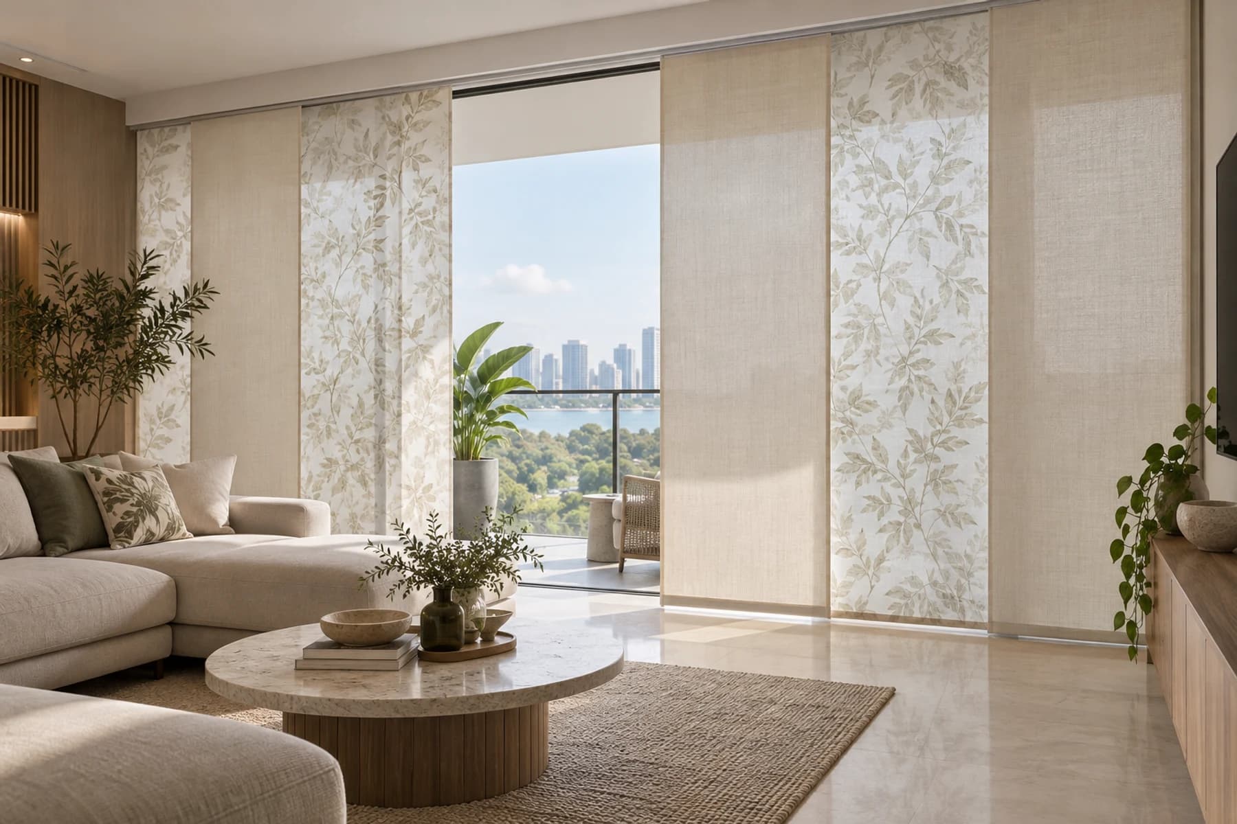 Broad flat panel curtains across a wide balcony opening