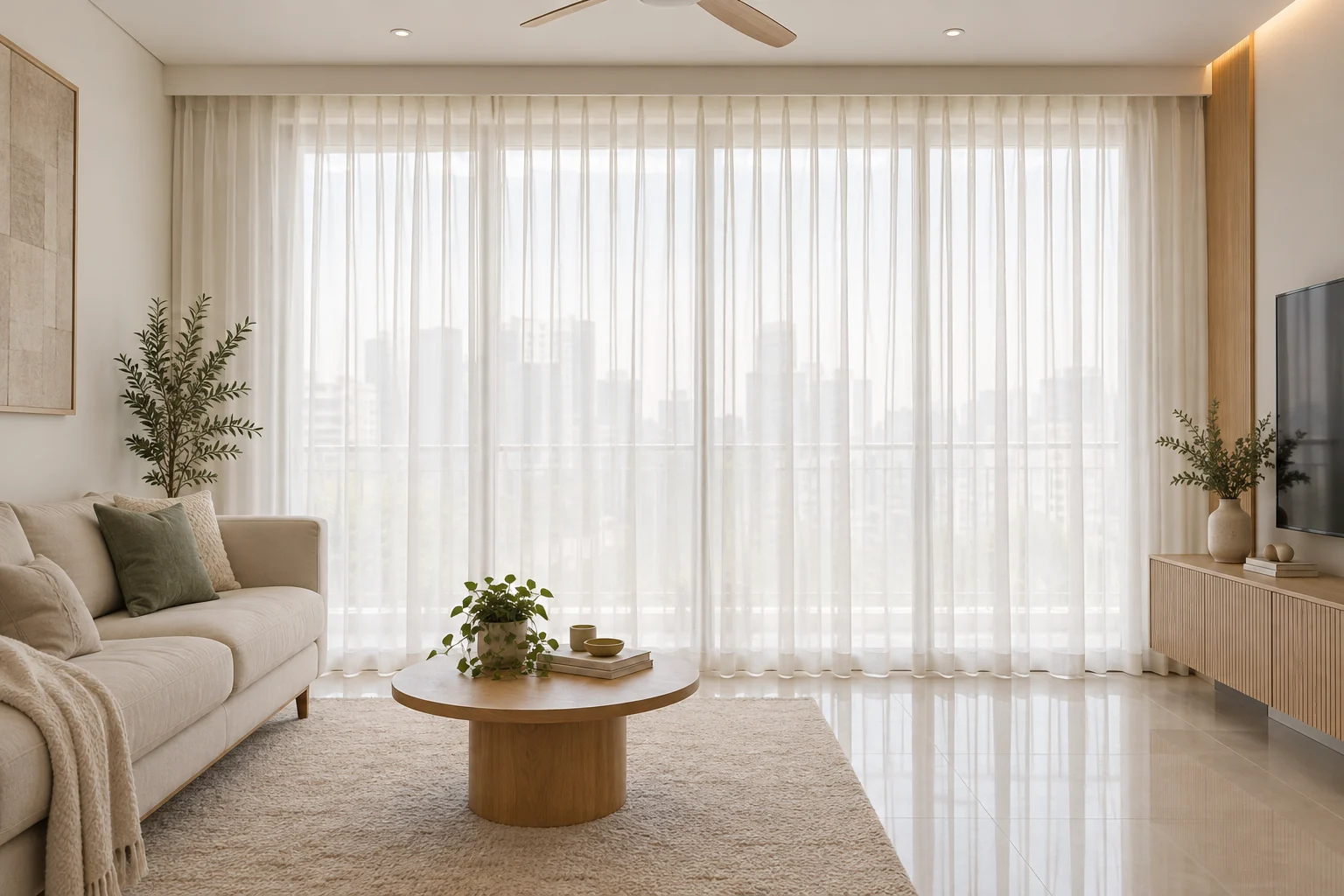 Full living-room view with floor-to-ceiling white sheer day curtains filtering daylight across a wide window, a cream sofa and a timber coffee table.