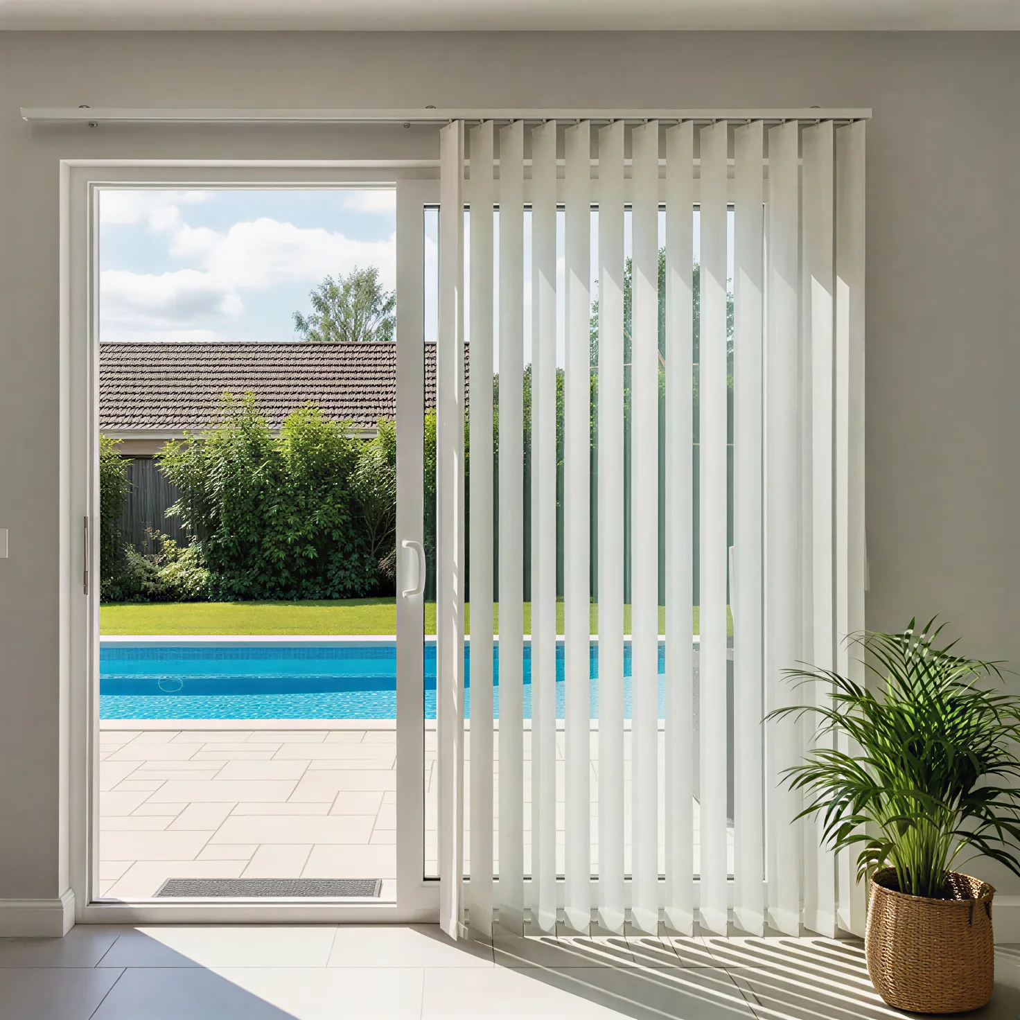 Conventional separate narrow white vertical vanes partly traversed to one side of a glazed patio door, pool beyond.