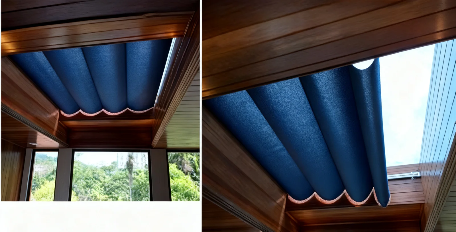 Two collection views of fabric shading fitted beneath sloping roof glazing, showing overhead skylight coverage.