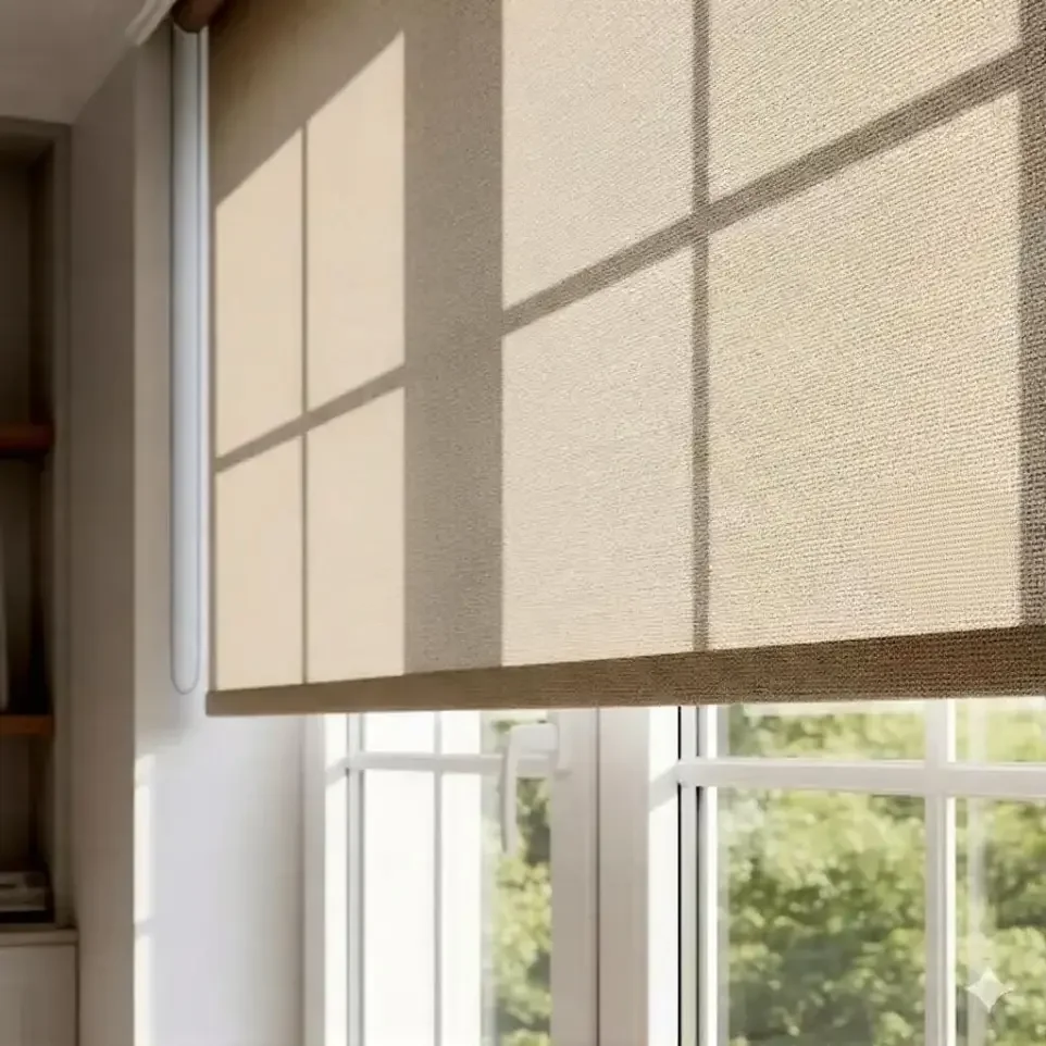 Close-up of plain beige light-filtering roller fabric lowered partway over a window; lower bar and side chain visible.