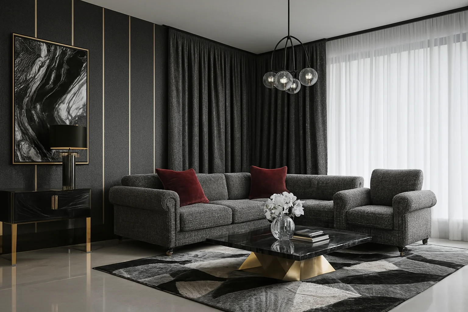 Charcoal room setting with dark curtains, grey seating, red cushions, black-and-gold table and geometric rug.