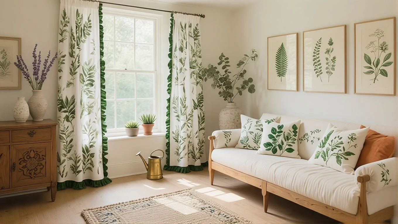 Light room setting with green botanical curtain panels, leafy decor and a cream bench/sofa.