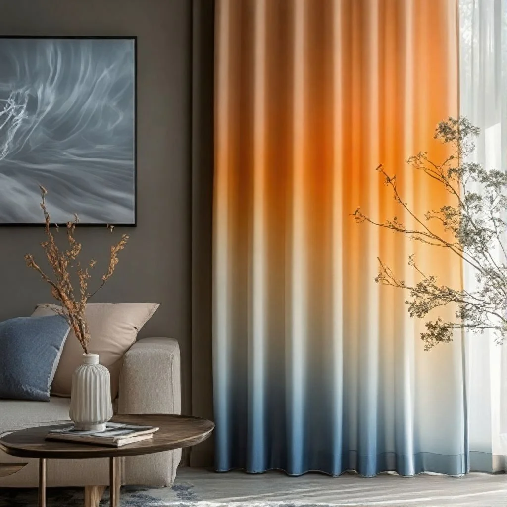 Room corner with bold ombre curtain graduating from orange through cream to slate blue beside framed abstract art.