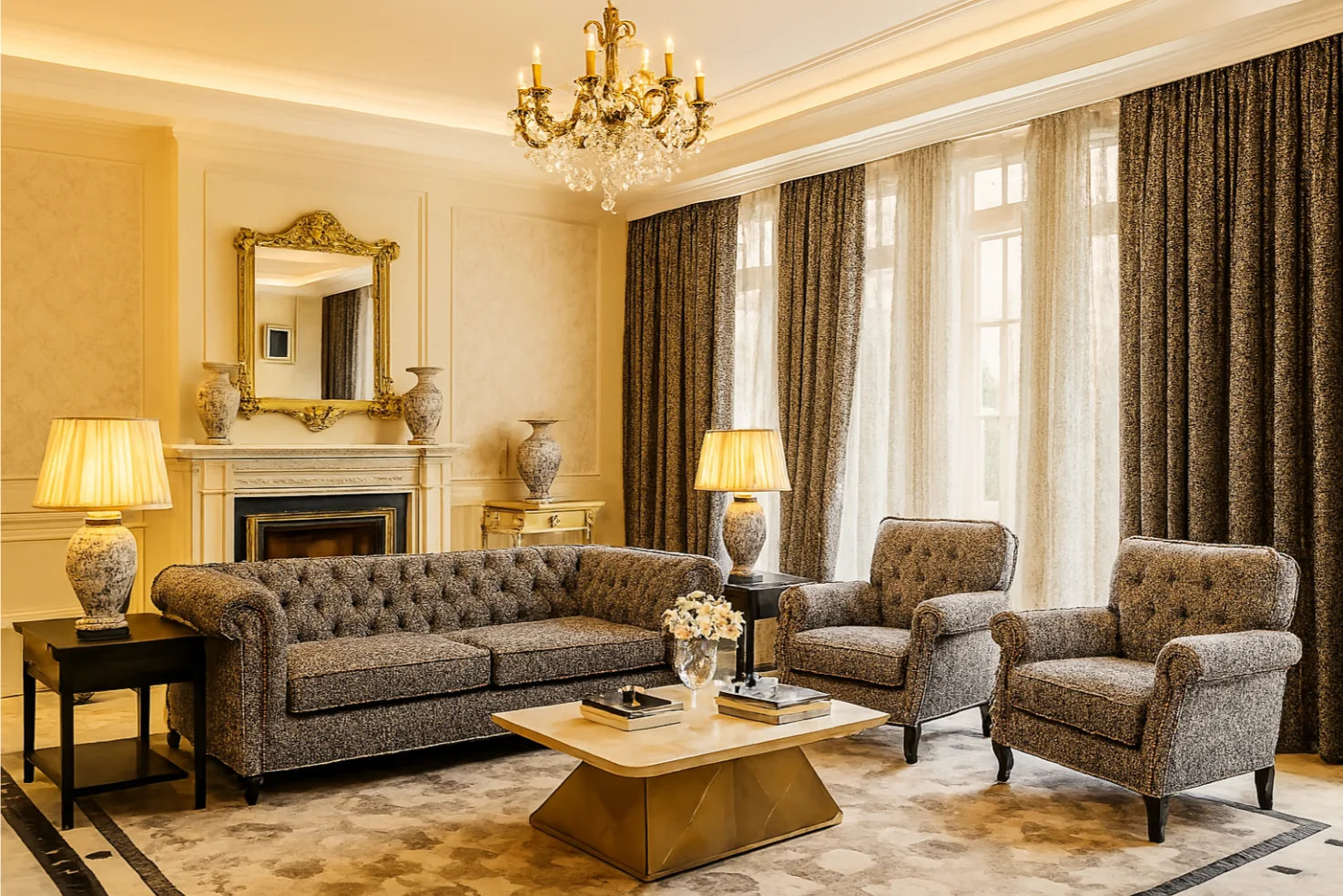 Formal cream-and-gold room setting with dark richly patterned drapery, chandelier, mirror and tufted seating.