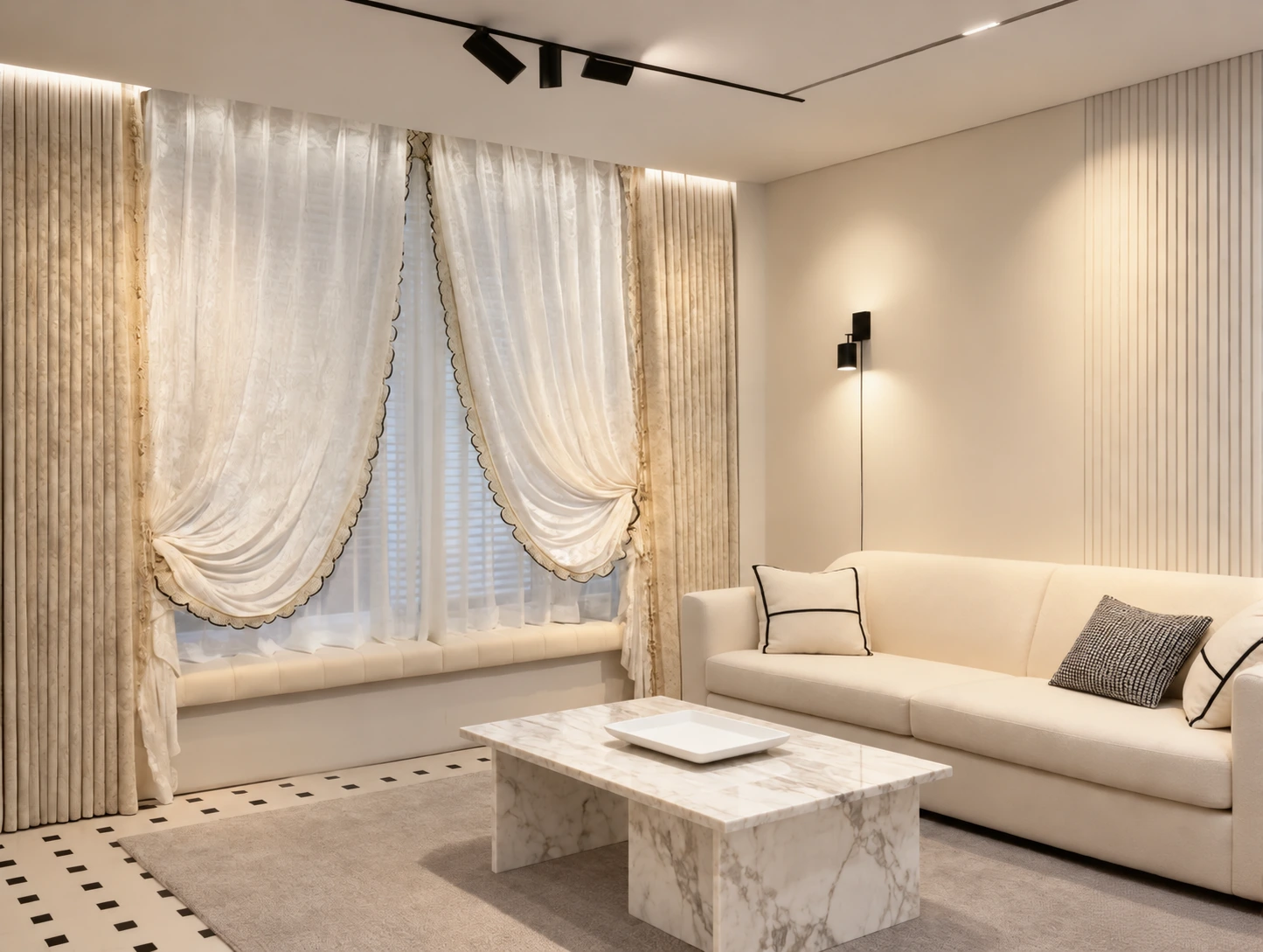 Ivory embroidered sheers with dark scalloped edging, swept to each side of a full-height window beside cream patterned drapes in a warm contemporary living room.