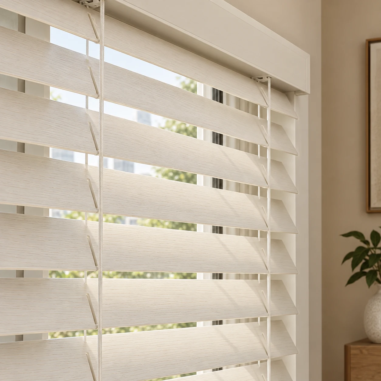 Illustration of white faux-wood Venetian blinds with broad textured horizontal slats, ladder cords and a window frame.