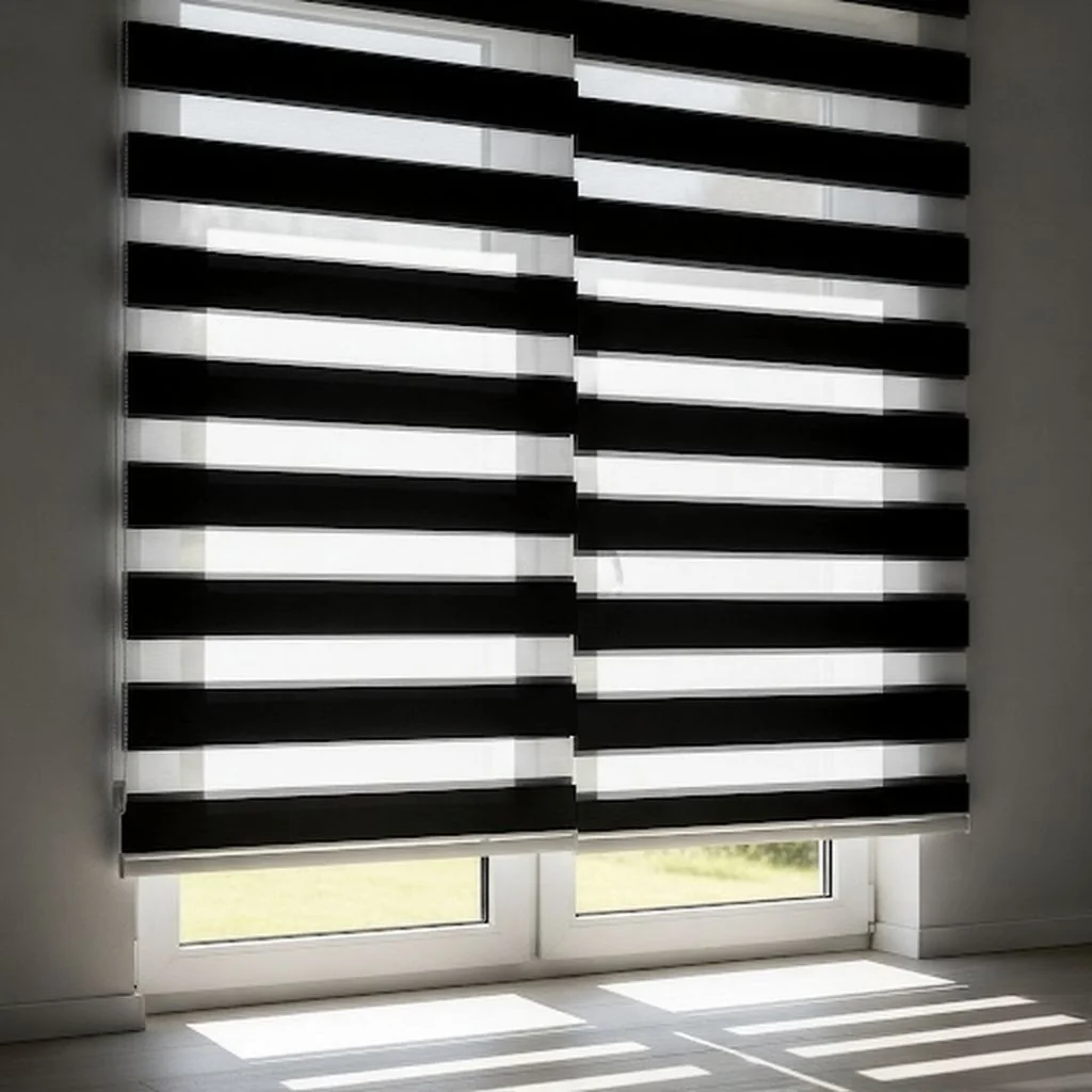 Two black-and-sheer striped zebra roller blinds over white windows.