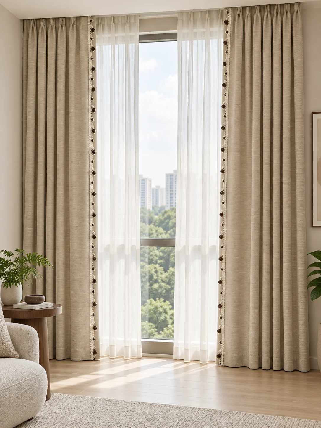 Sand-taupe textured drape — full-window AI design visualisation.
