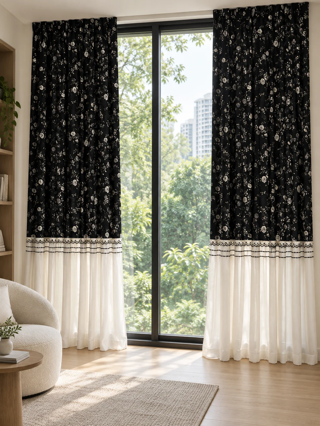 Black upper fabric with tiny pale floral motif joined horizontally to ivory gathered sheer below — full-window AI design visualisation.
