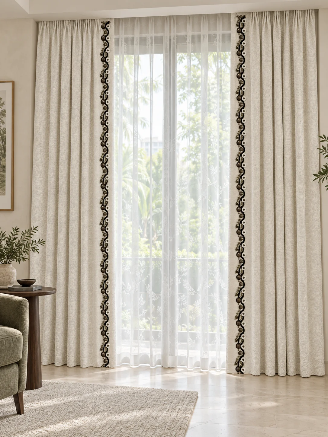 Ivory textured drape with vertical black undulating vine braid, ivory circular embroidered motifs and small dark glossy bead drops at leading edge — full-window AI design visualisation.