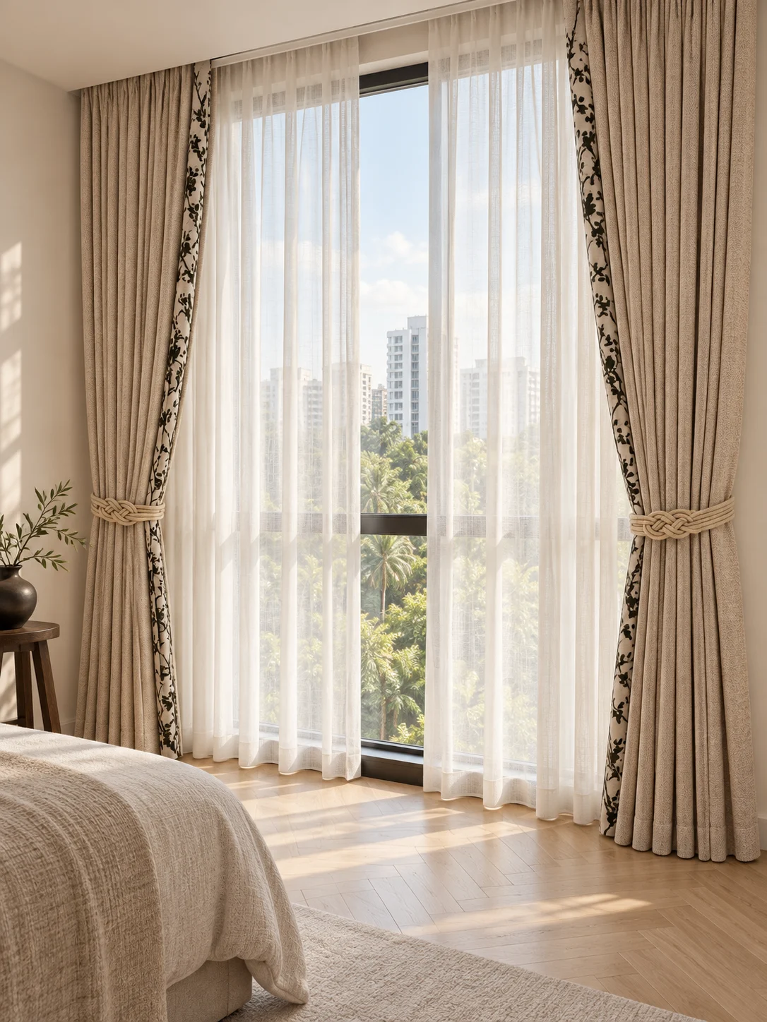 Warm oatmeal drape with contrasting botanical black vine/leaf strip at vertical leading edge, chunky cream rope knot tieback — full-window AI design visualisation.