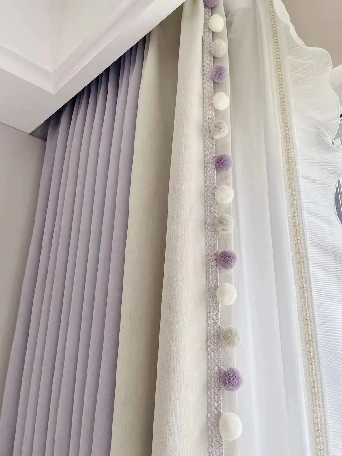 Dusty lilac outer drapes, creamy middle band and delicate white sheer — supplied curtain design reference.
