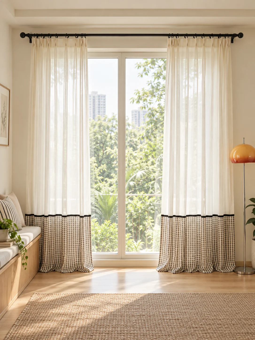 Ivory translucent upper curtain joined to taupe-black small gingham checked lower section at roughly bottom quarter, narrow black ribbon along join — full-window AI design visualisation.