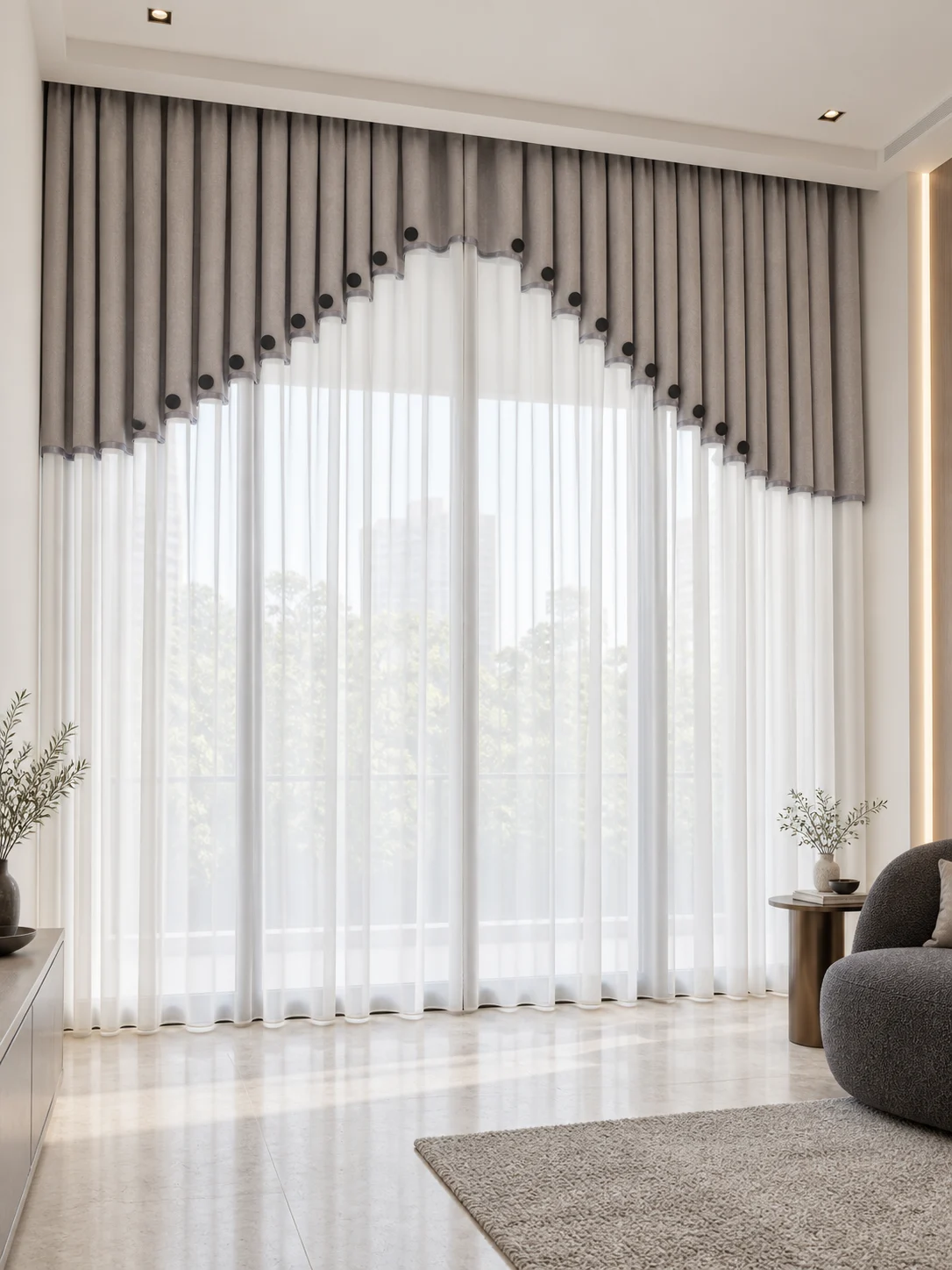 Grey-taupe upper curtain section with diagonal scalloped boundary formed across folds, small matte black disc accents and slim grey piping above flowing white sheer lower area — full-window AI design visualisation.