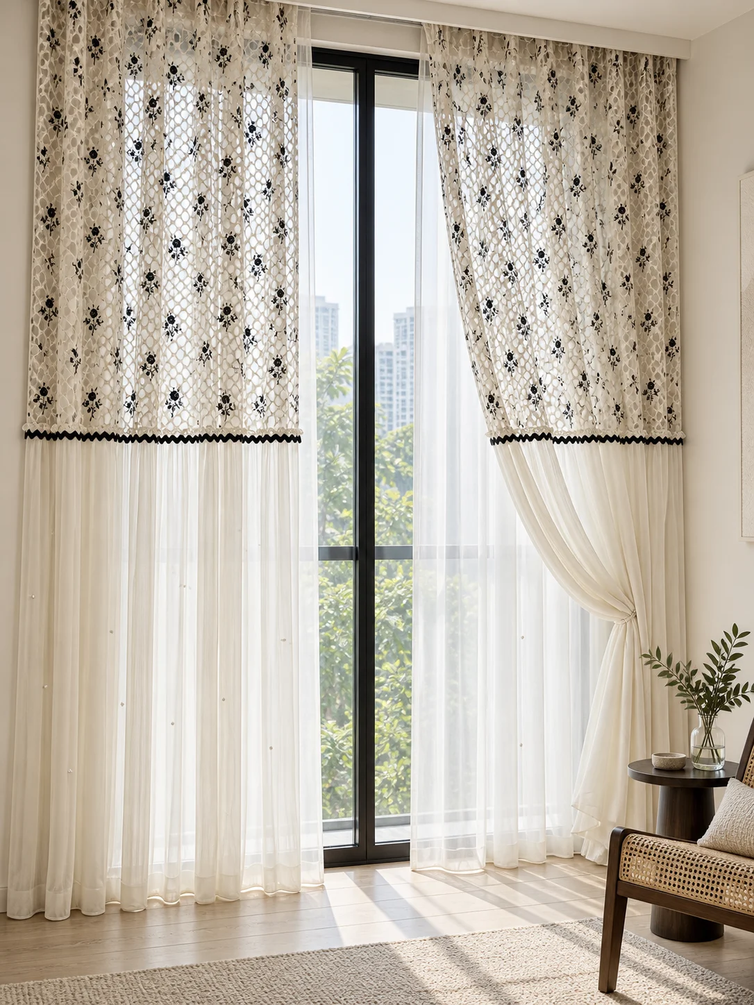 Cream open net upper panel with small black floral sprigs, black zigzag/rickrack ribbon horizontal seam above fine ivory lower sheer with tiny pearl-like dots. — full-window AI design visualisation.