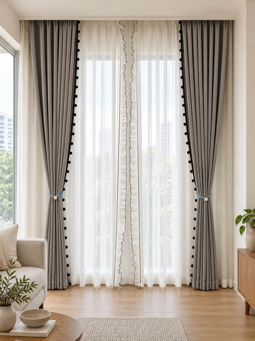 Grey side drapes with black pom-poms along leading edges, white centre sheers with narrow vertical ruffled borders edged in black — full-window AI design visualisation.