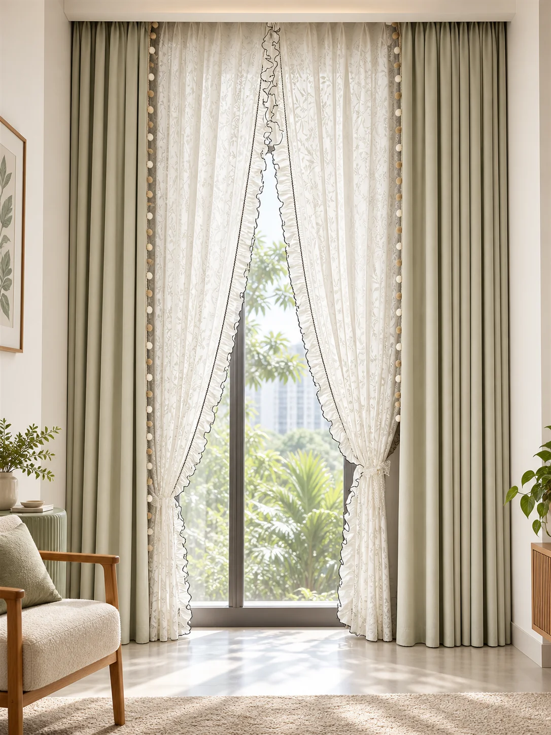 Soft sage-grey outer curtains with small cream/beige pom-pom trim — full-window AI design visualisation.