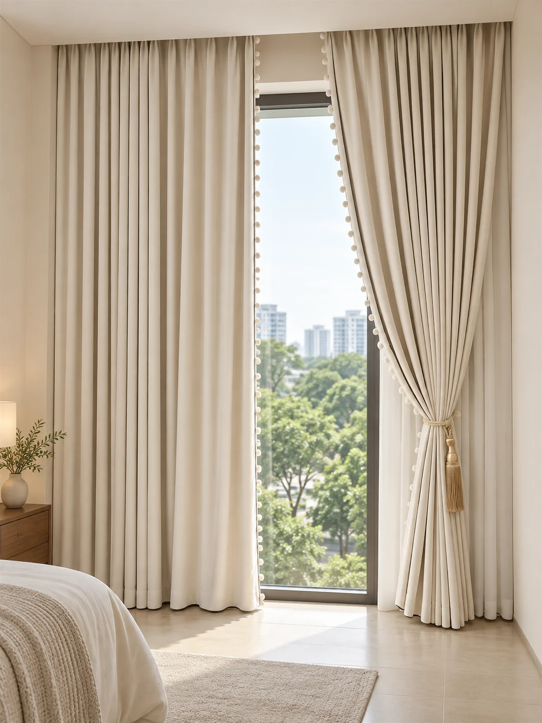 Warm ivory drapes with small ivory pom-poms at leading edges and fine dark piping — full-window AI design visualisation.