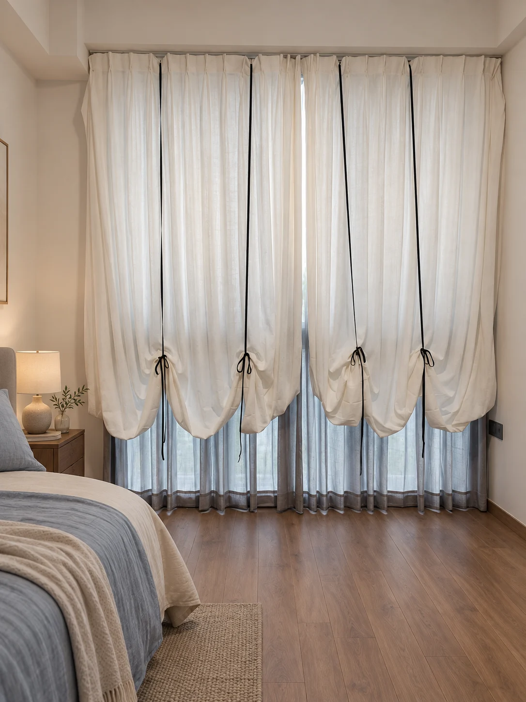 Ivory festoon curtain lifted into repeating rounded lower swags by narrow black vertical ribbon bows — full-window AI design visualisation.