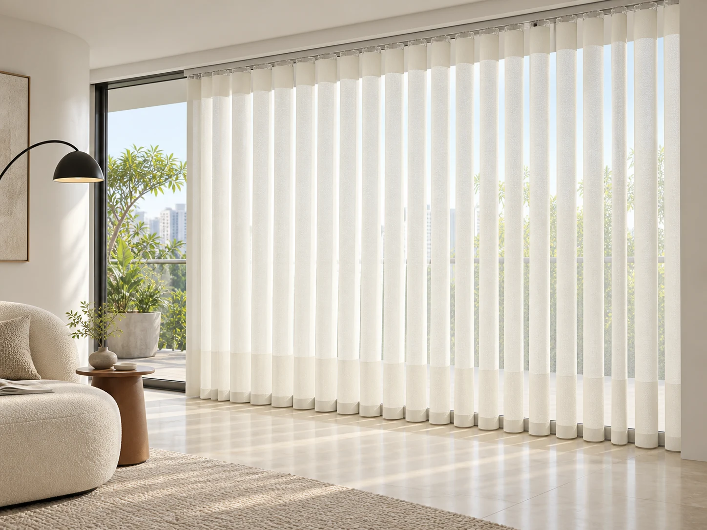 Individual soft vertical Dream fabric sections with opaque and sheer portions hang from a slim track across a tall living-room window.