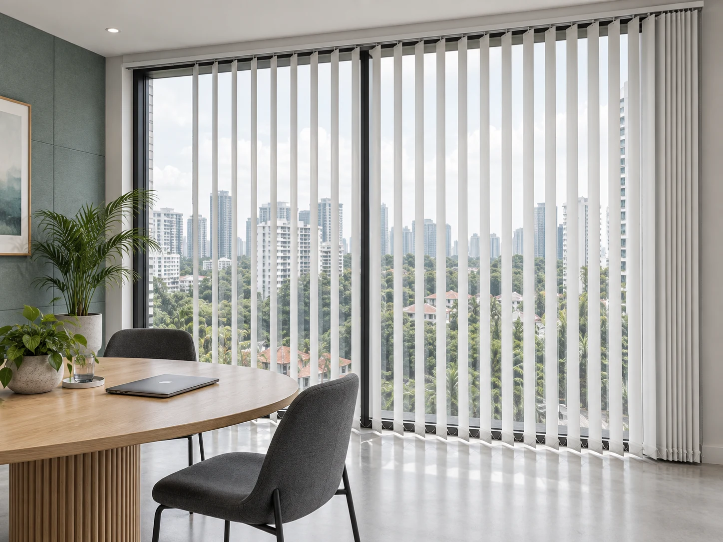Separate straight grey vertical vanes turn at a broad office window, with a clear traverse stack at one side.