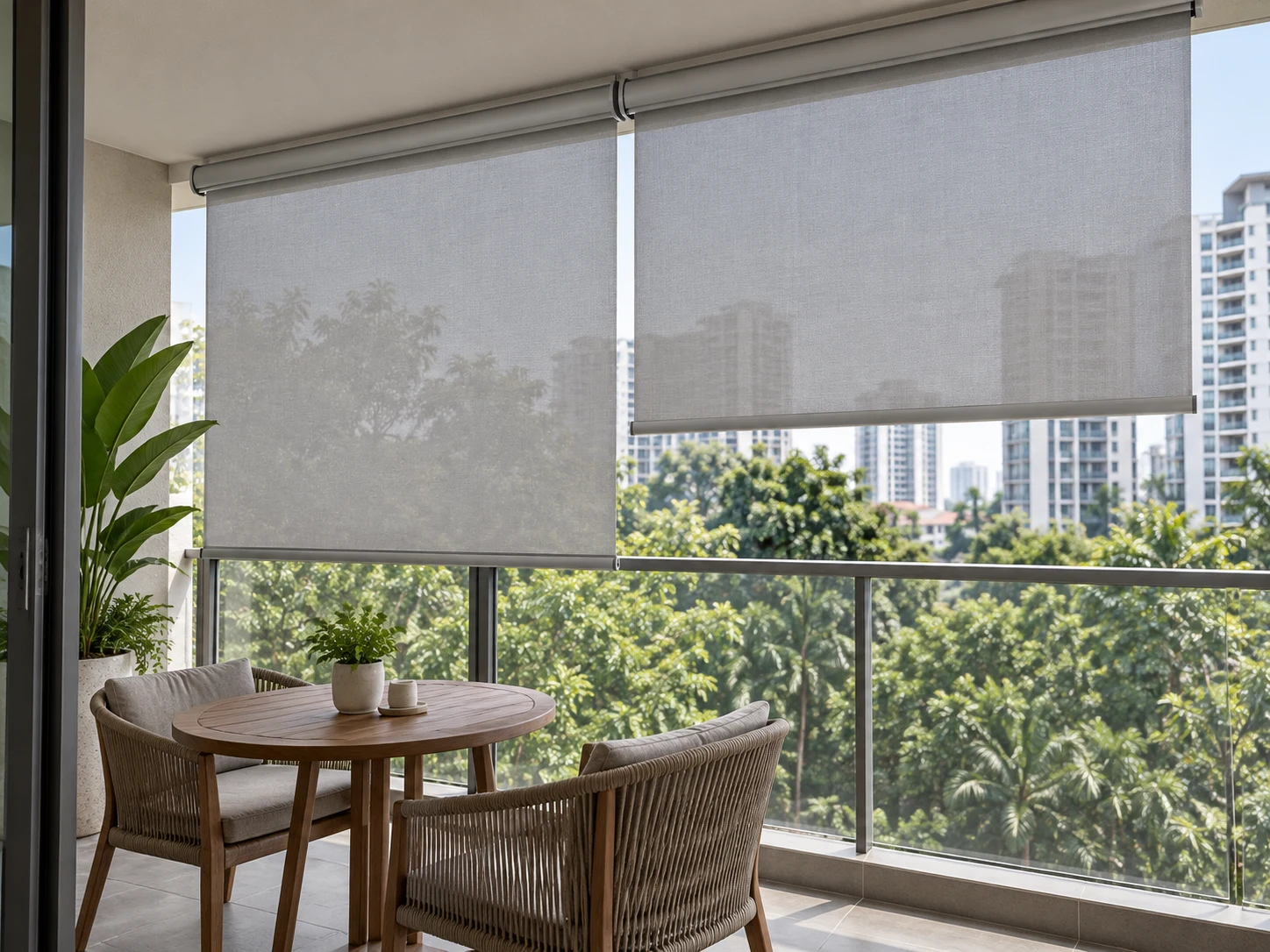 Illustrative Singapore balcony with two pale outdoor roller screens at different heights, free side edges and visible bottom bars above a glass railing.