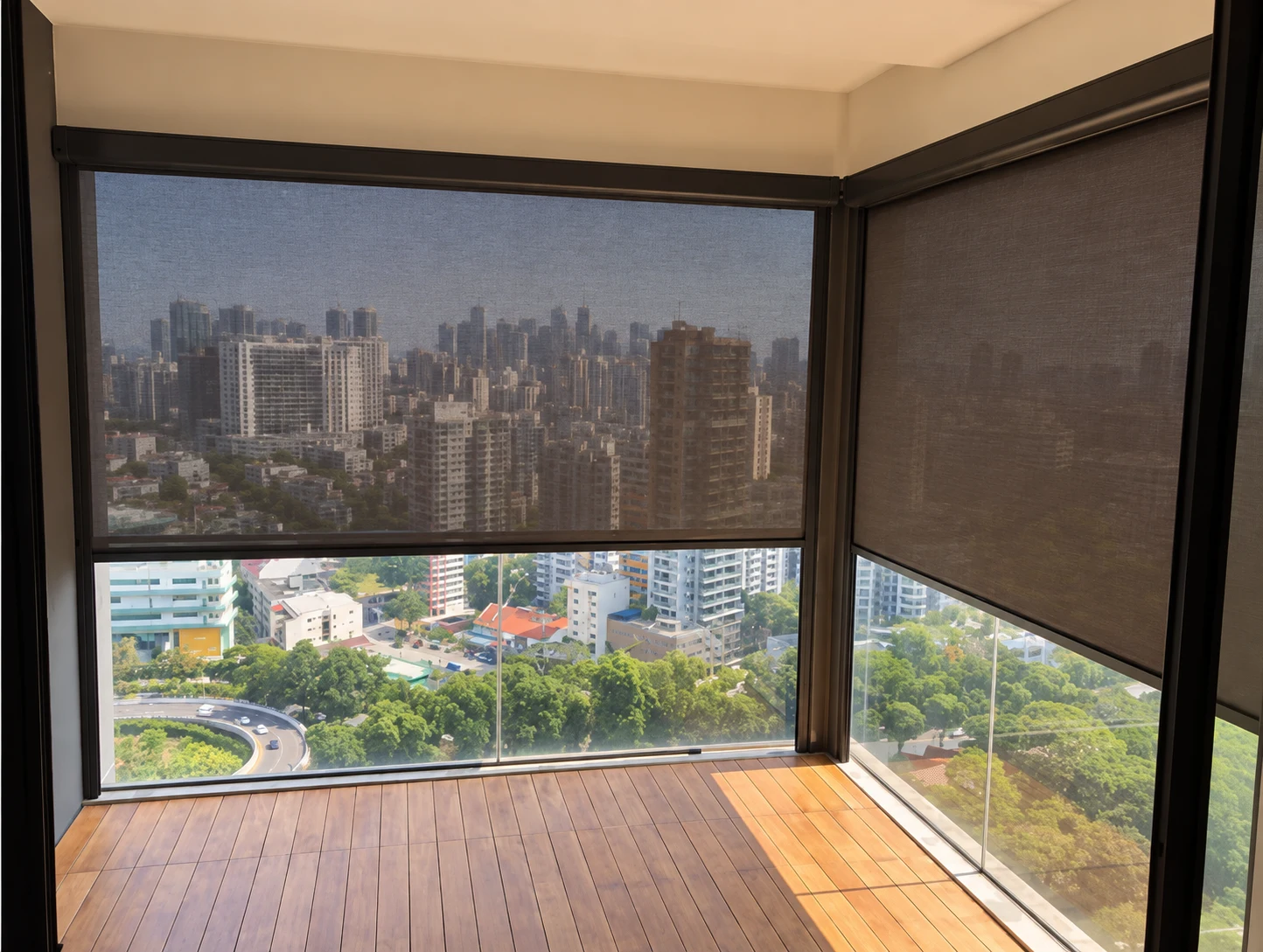 AI-restored source view of two brown zip-screen bays on an empty high-rise corner balcony with glass railing, timber decking and city view.