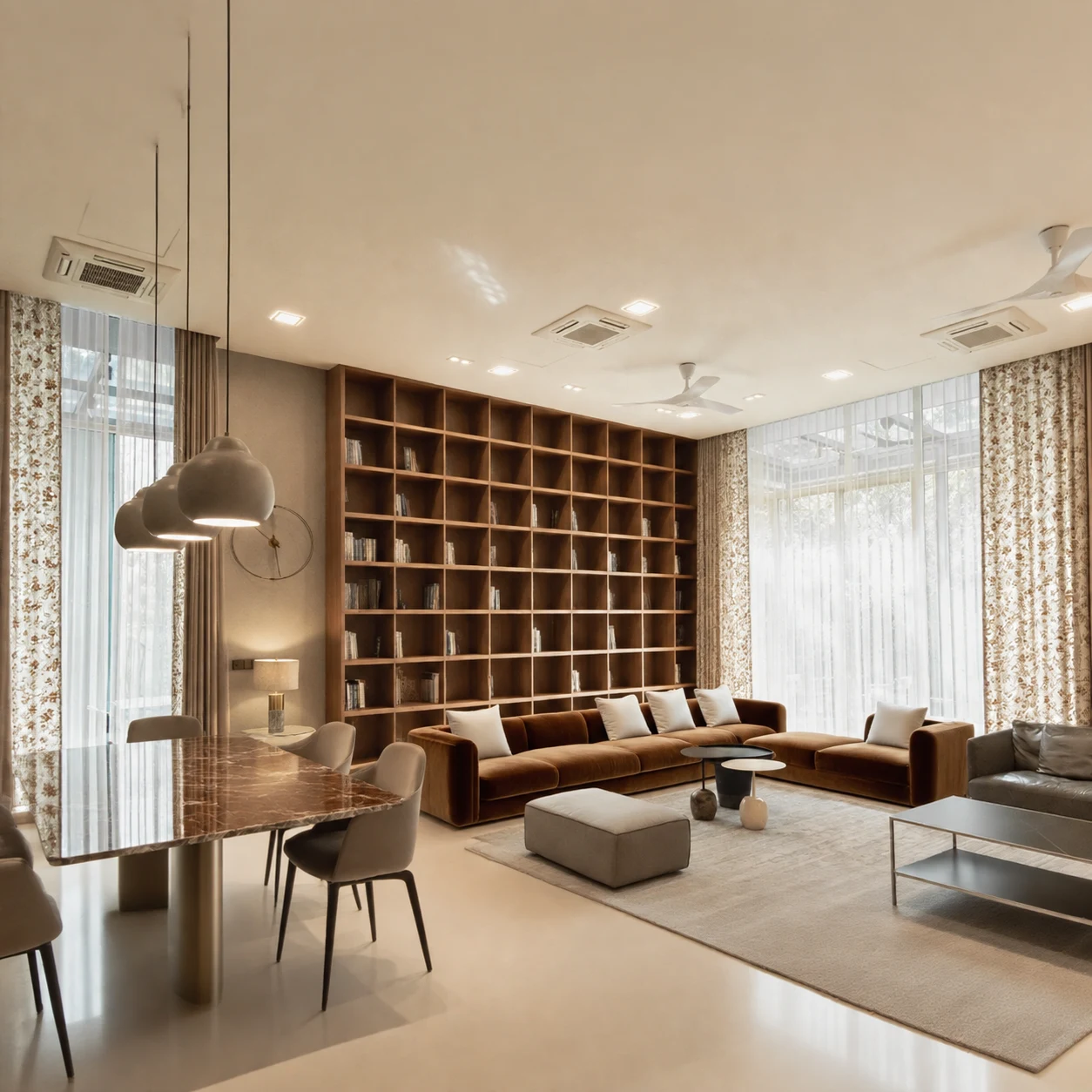 Warm neutral living room with oak shelving, brown seating and patterned curtains layered beside white sheers.