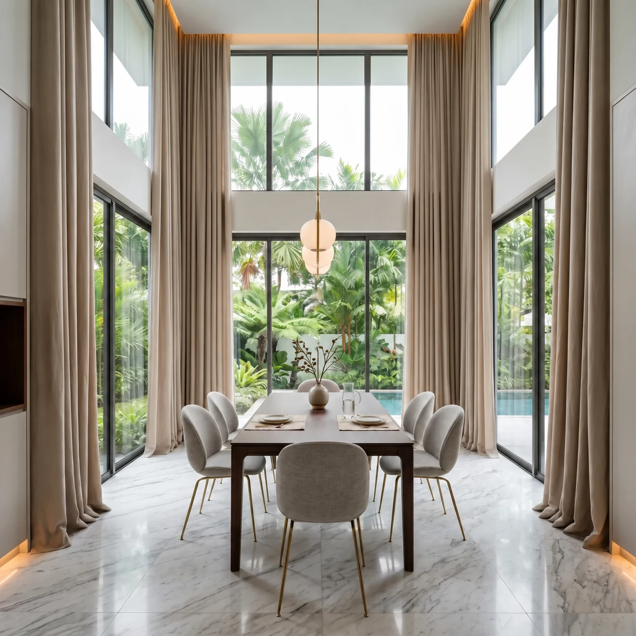 Taupe curtains around double-height glazing beside a dining table and tropical garden.