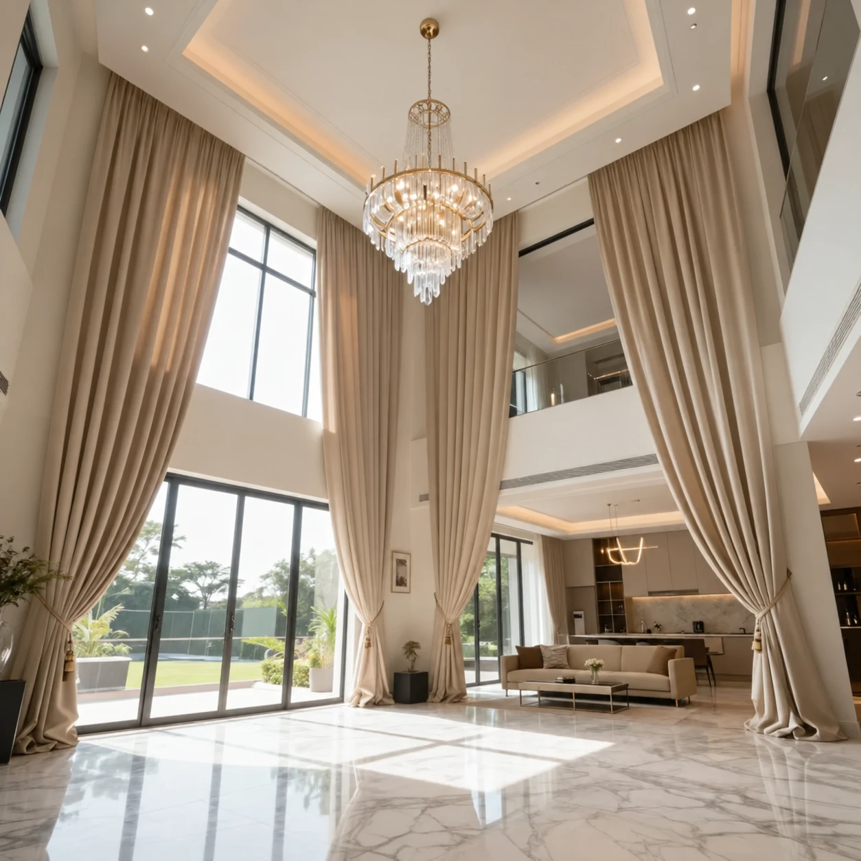 Very tall beige curtains and tiebacks frame double-height glazing in a neutral living space.
