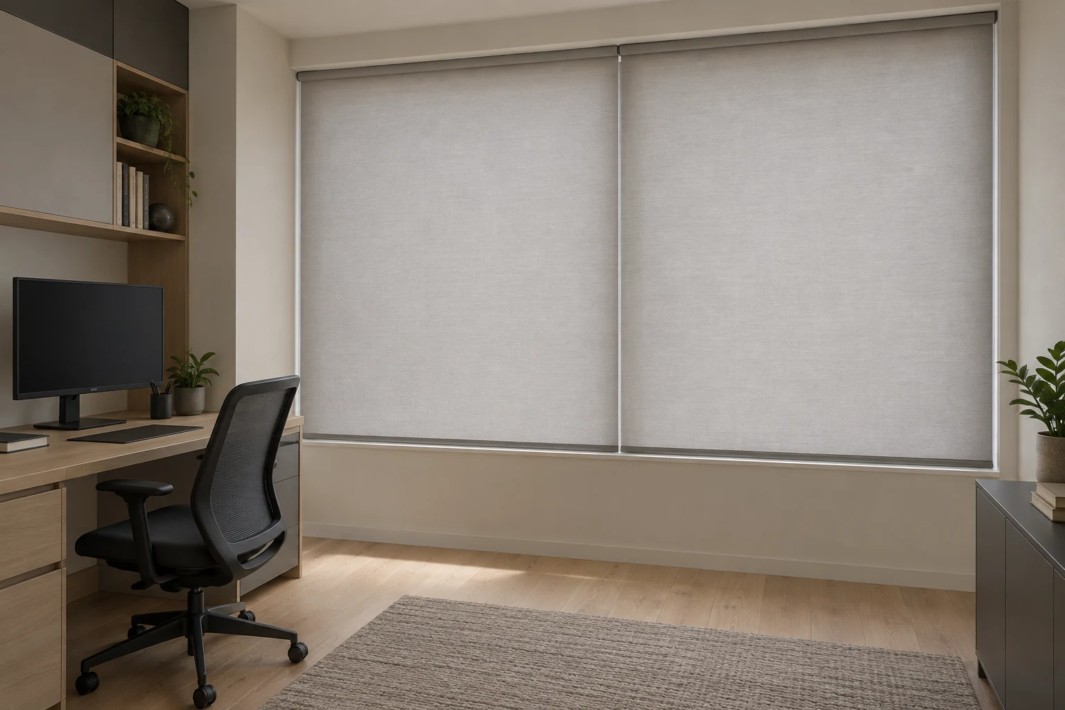 Study with two fully lowered dimout roller blinds glowing with filtered daylight, a wooden desk, chair and switched-off monitor. Room lights are off.