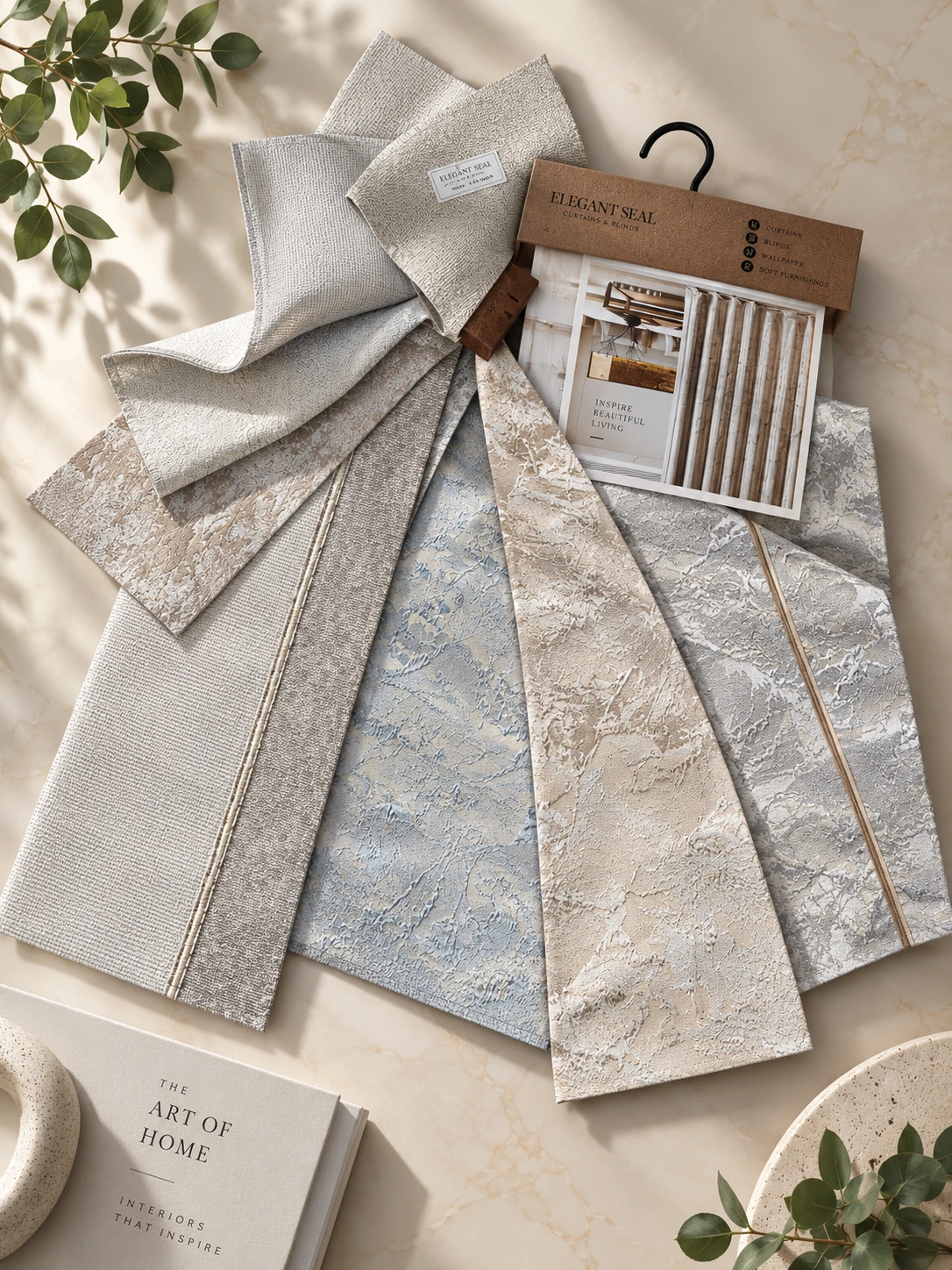 Elegant Seal curtain fabric samples in ivory, beige, grey and pale blue, showing woven textures and decorative patterns alongside a hanging sample book.