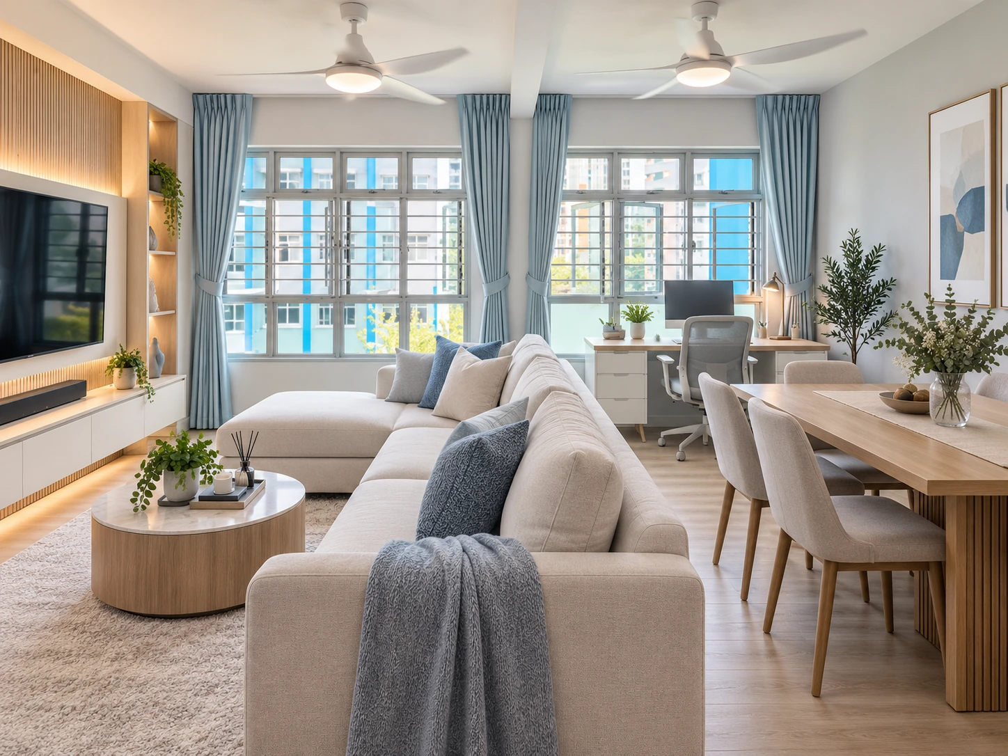 An HDB living and dining room with pale blue curtains framing two wide windows, a light sectional sofa, a timber dining table and a window-side workspace.