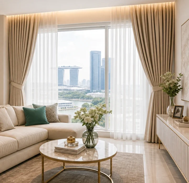 Taupe side curtains and white sheers frame the windows of a neutral living room with a city skyline beyond.