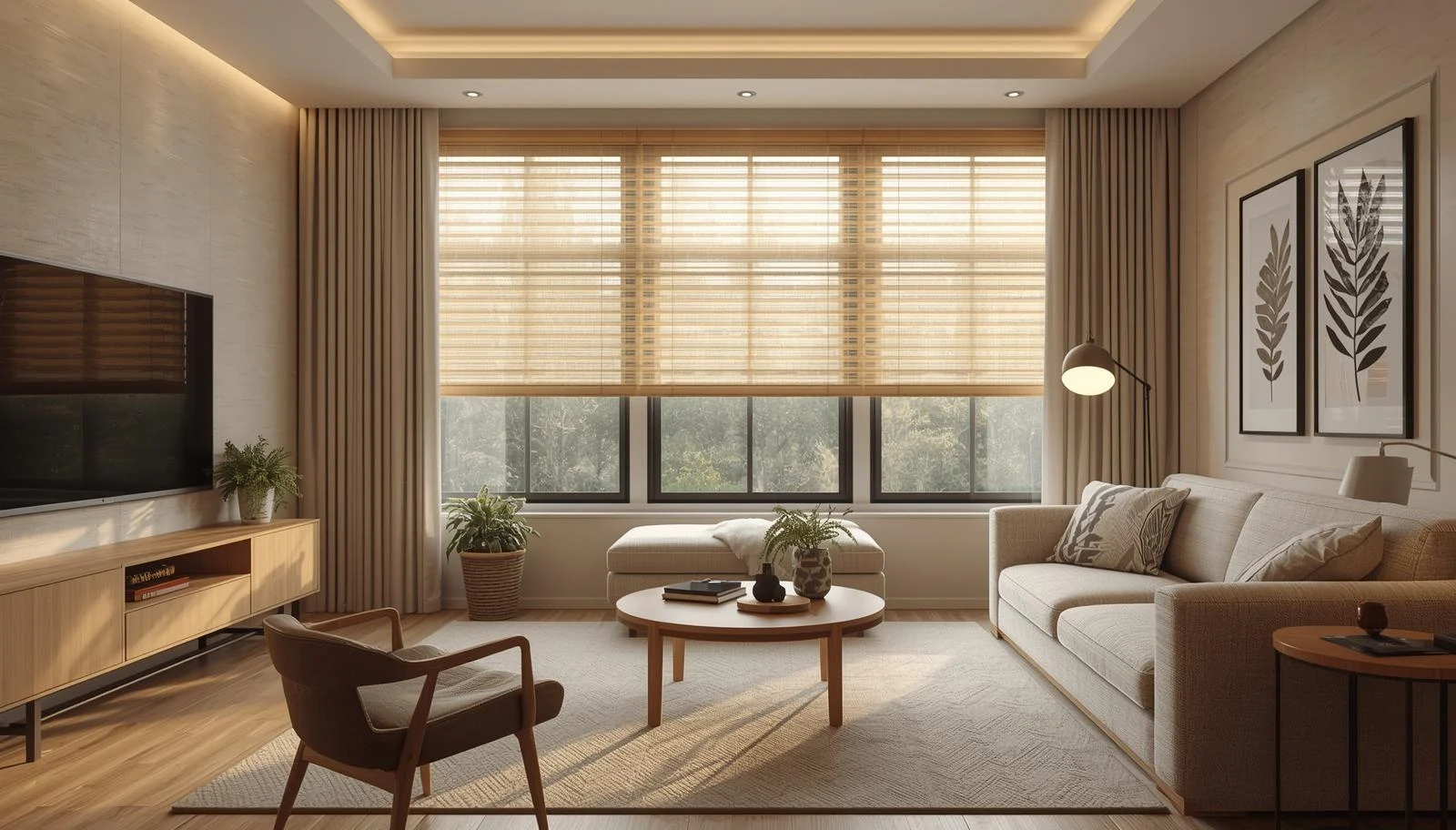 Woven shades and full-height neutral side curtains beside a sofa and television in a warm living room.