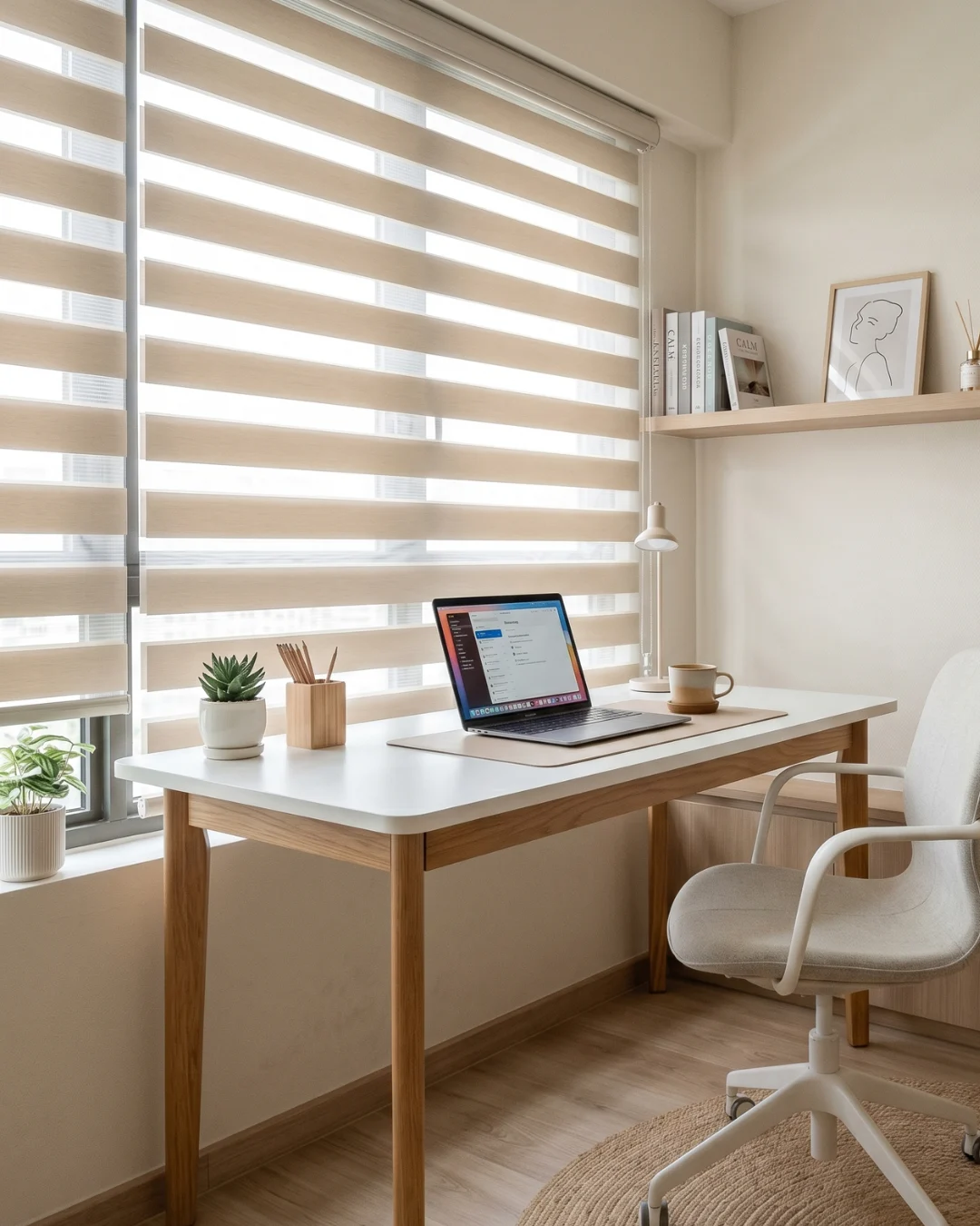 Beige dual-shade blind with alternating sheer and opaque bands above a compact home-study desk.