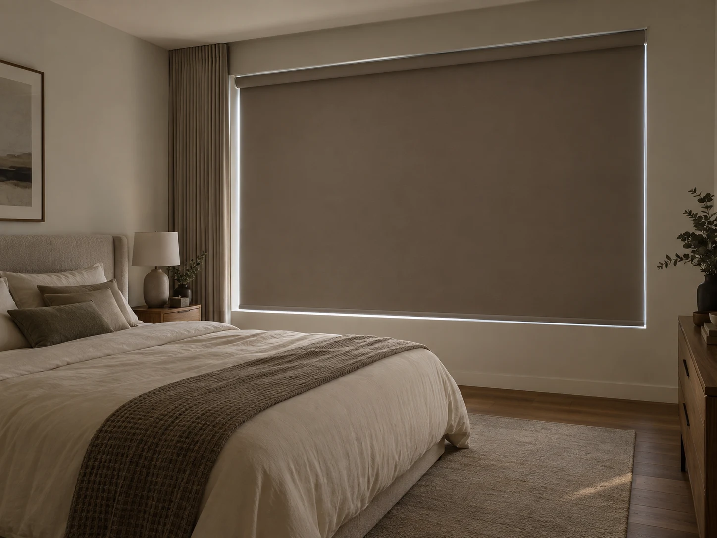 Landed-home bedroom with a cream linen bed beside a fully lowered, opaque taupe roller blind; narrow daylight gaps remain around the blind edges.