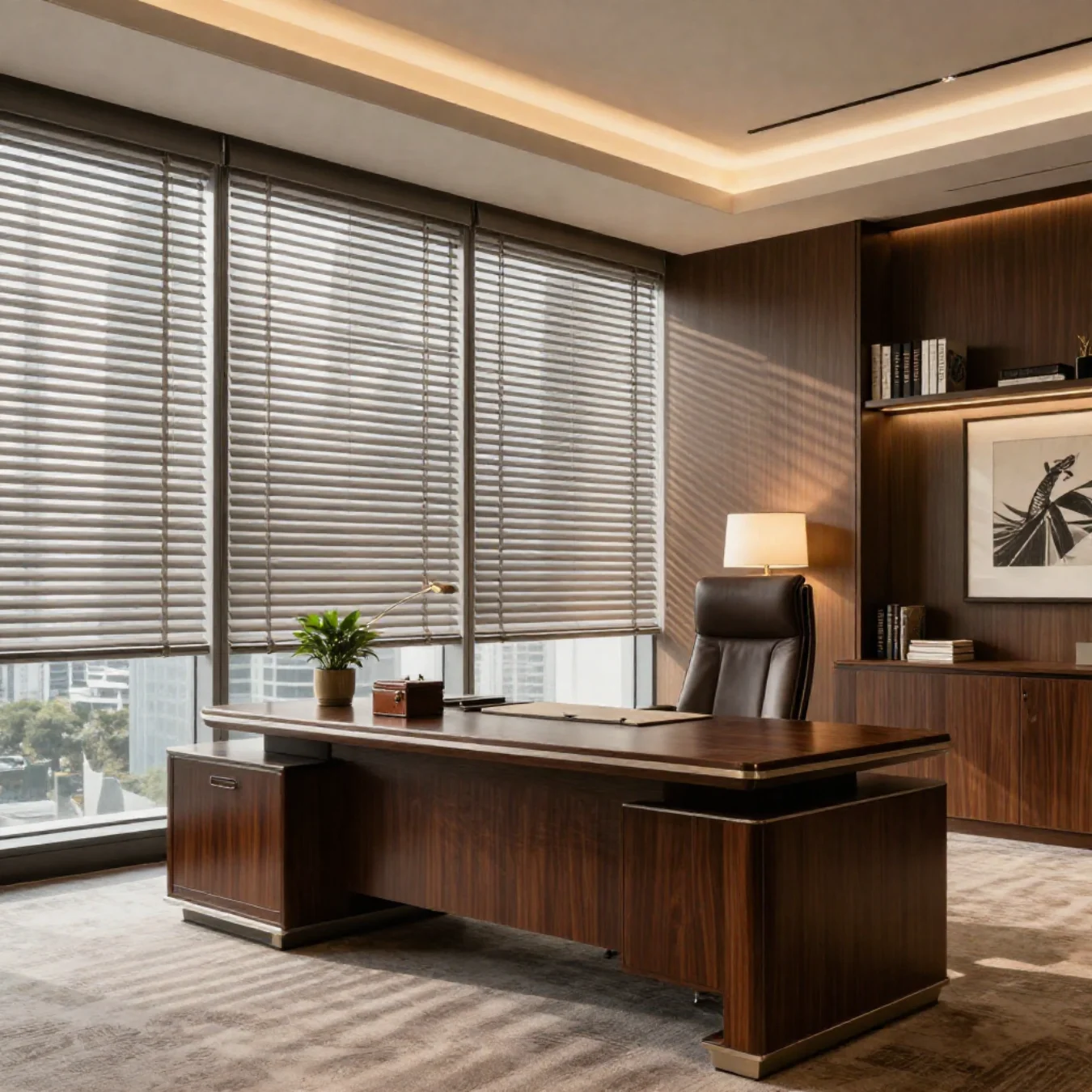 Horizontal Venetian blinds beside a desk in a timber-panelled private office.