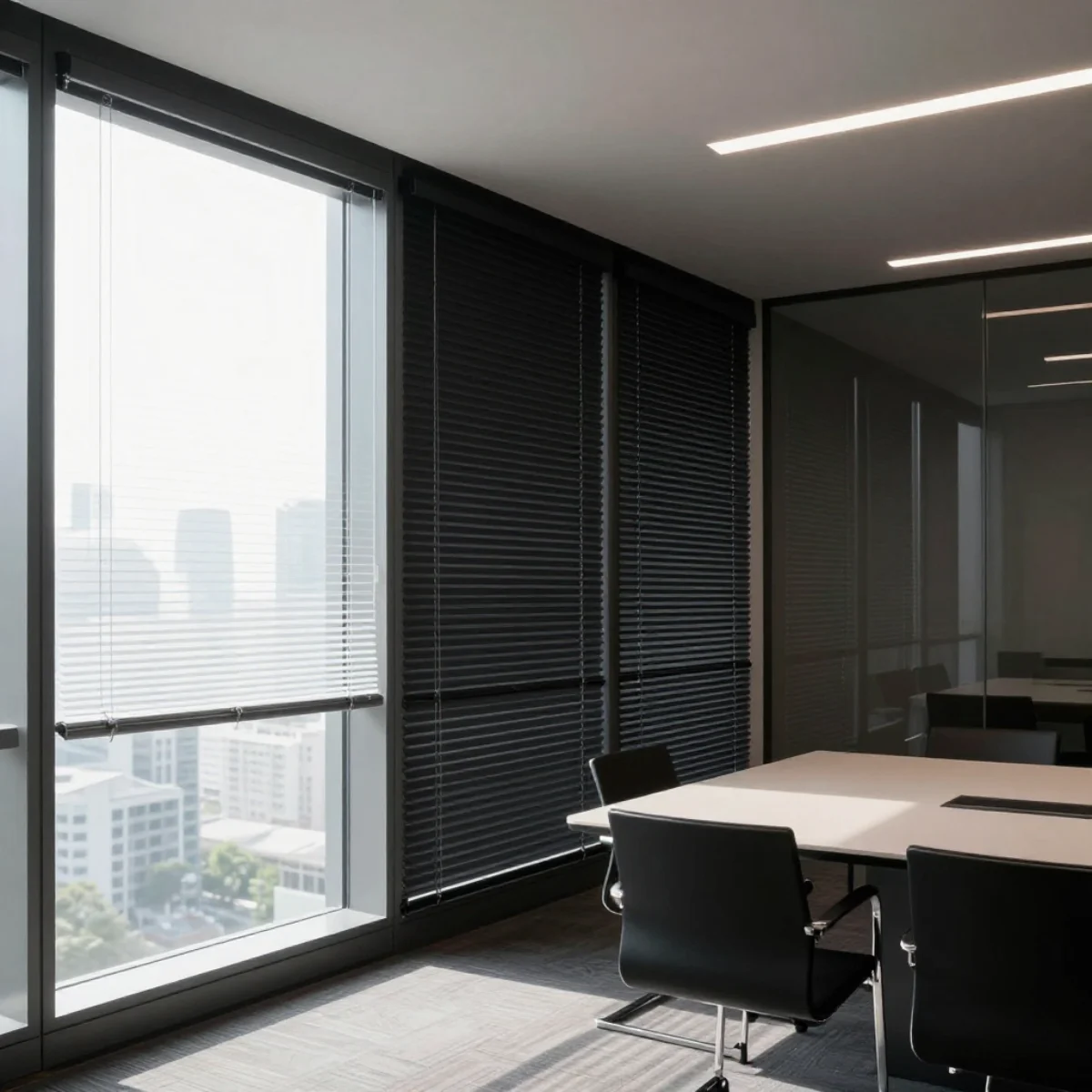 Horizontal Venetian blinds at different slat settings beside a long meeting-room table.