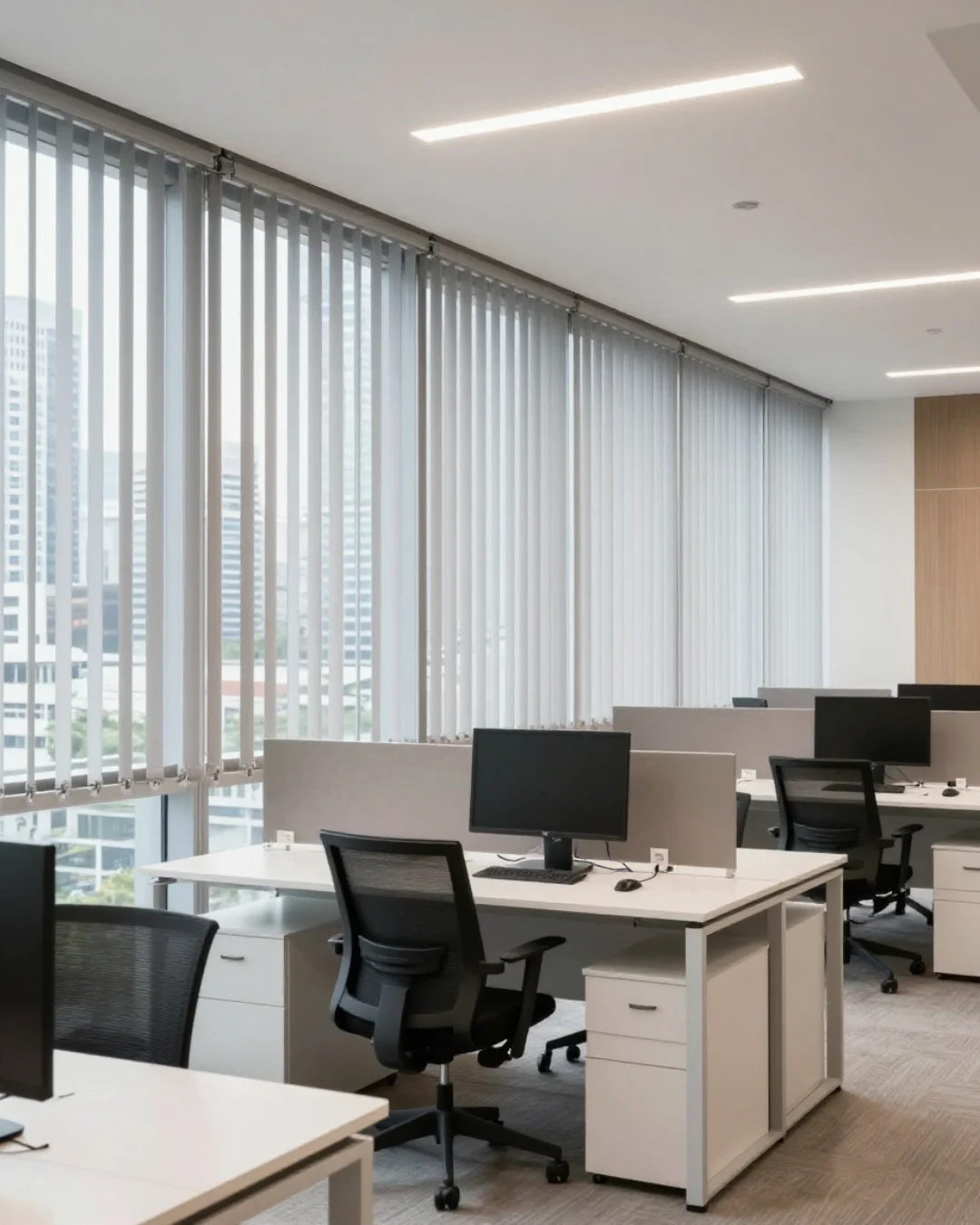 White vertical slat blinds along the windows of an open-plan office with desks and chairs.