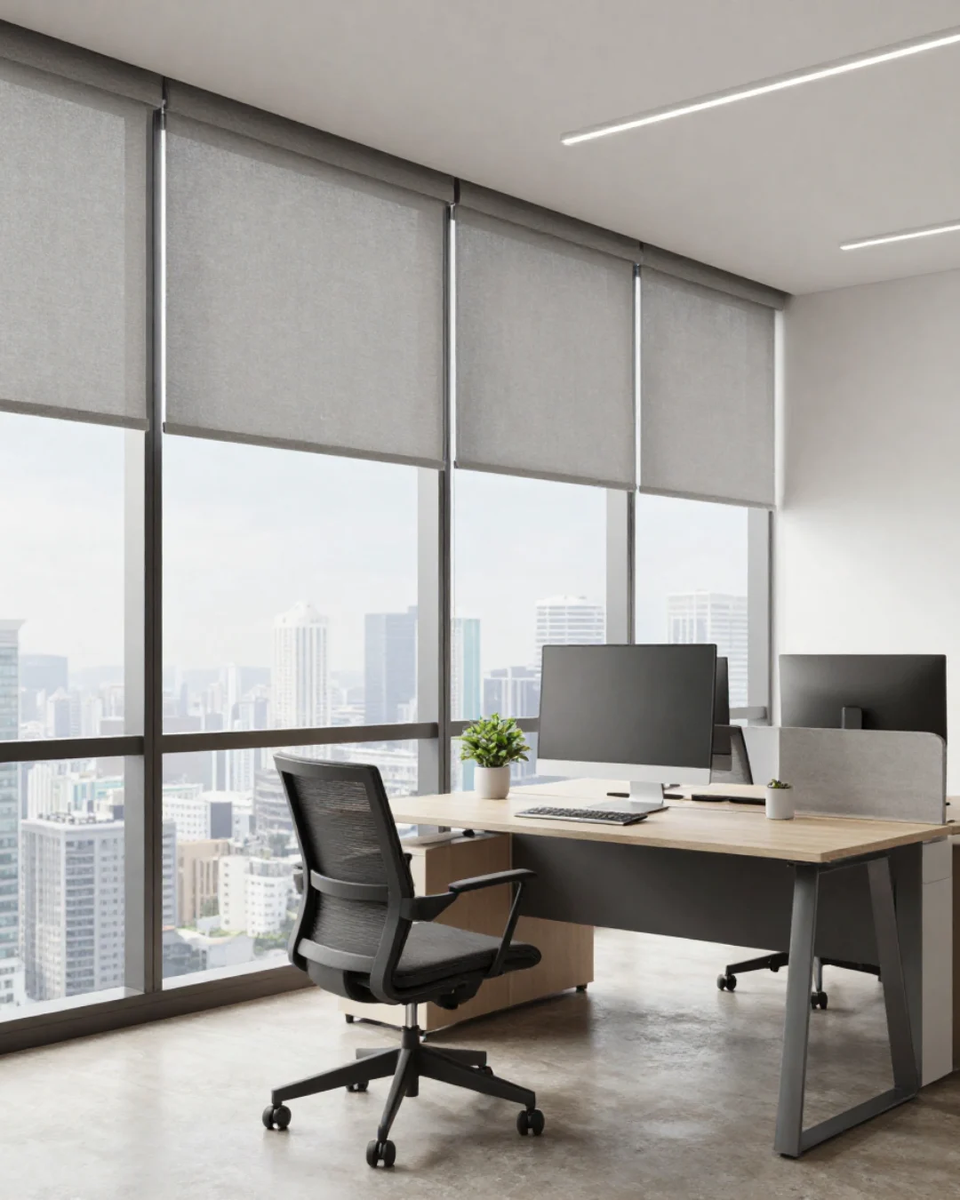 Grey roller blinds beside work desks and full-height office glazing with a city view.