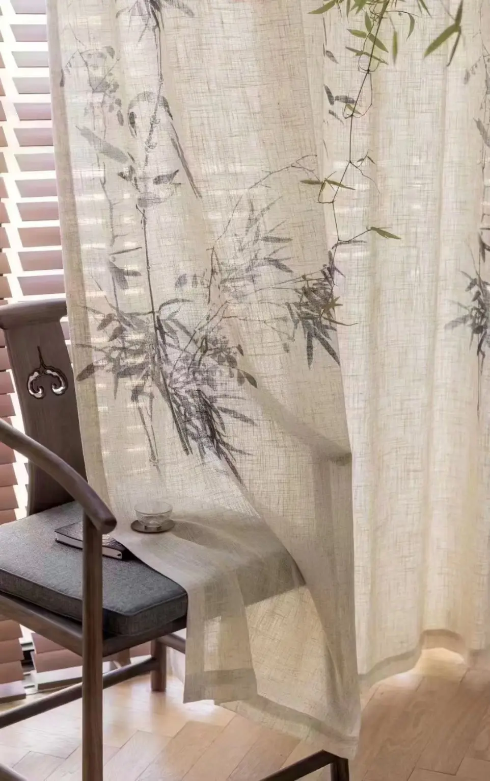 Natural Beige Linen Drapery in a Zen-inspired study, blending Minimalist function with Modern Chinese serenity.