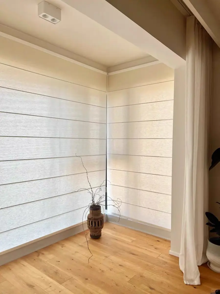 (white panel blinds): Sleek white panel window blinds, minimalist window treatment for open-concept spaces