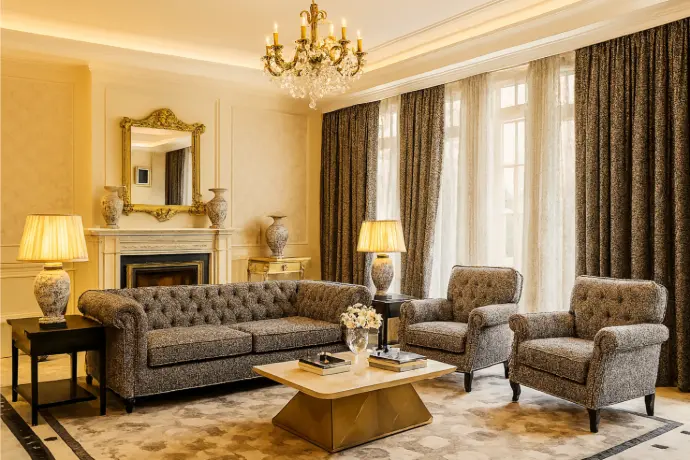 Spacious luxury living room with tufted sofa, marble coffee table, crystal chandelier, and floor-to-ceiling windows – elegant traditional home decor