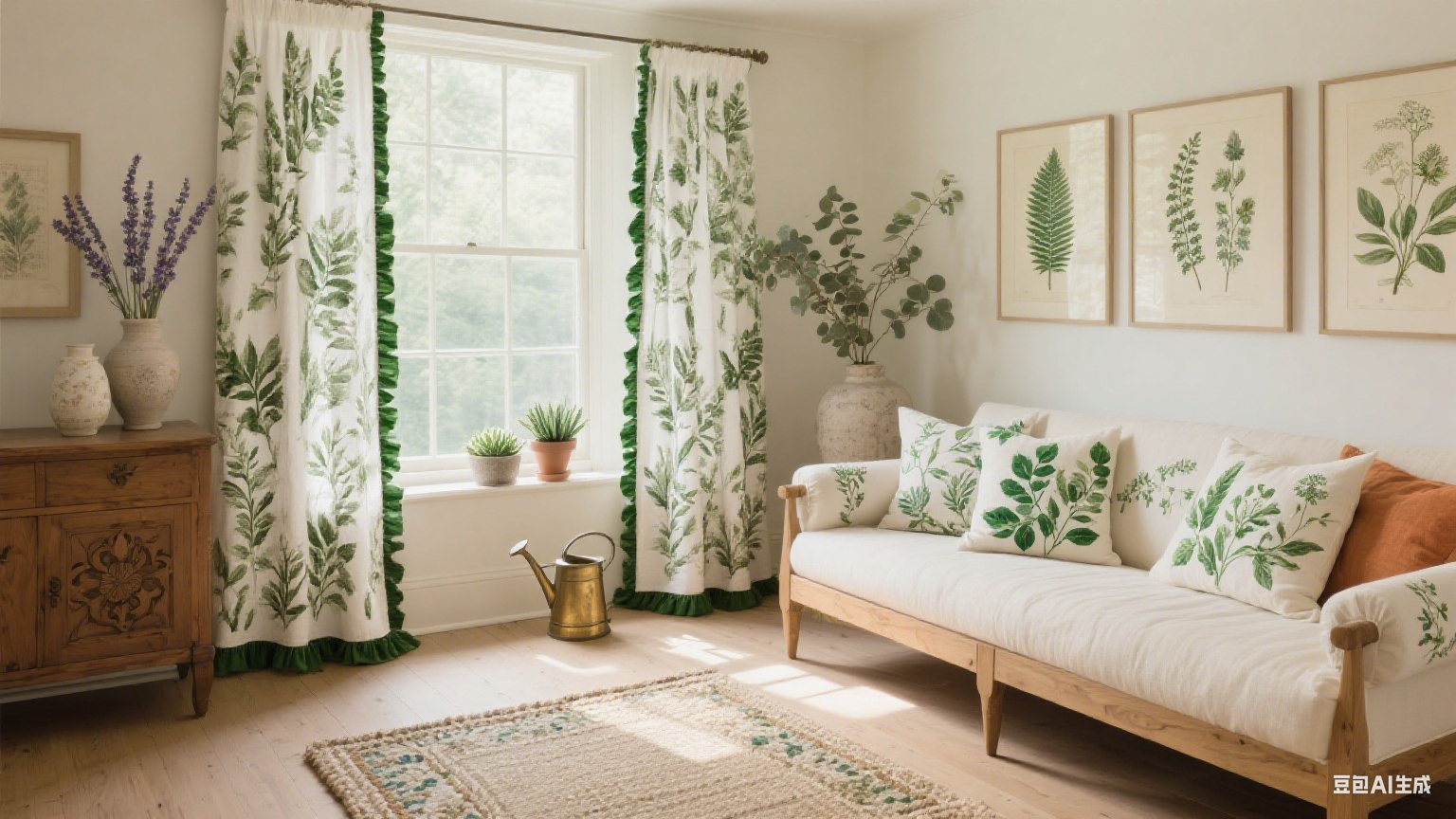 Bright boho-chic living room with plants, light furniture, and airy decor – showcases how sheer curtains enhance natural light in eclectic interior design