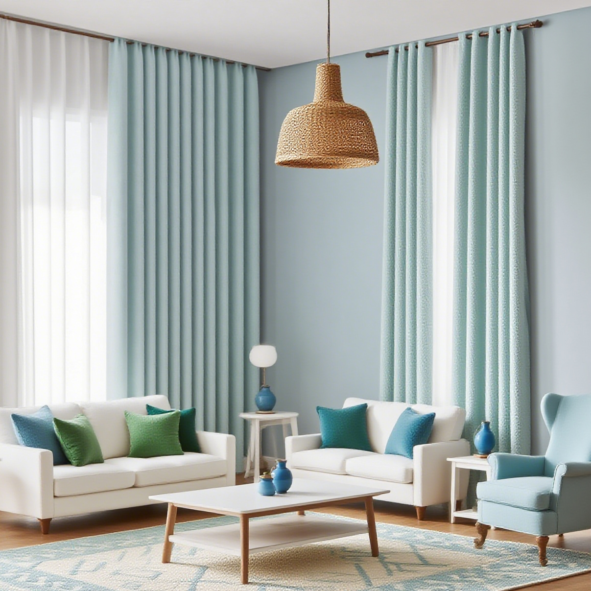 Cozy, well-lit room with pastel accents, a pendant light, and large windows – ideal for elegant sheer curtains to add sophistication to minimalist interior design