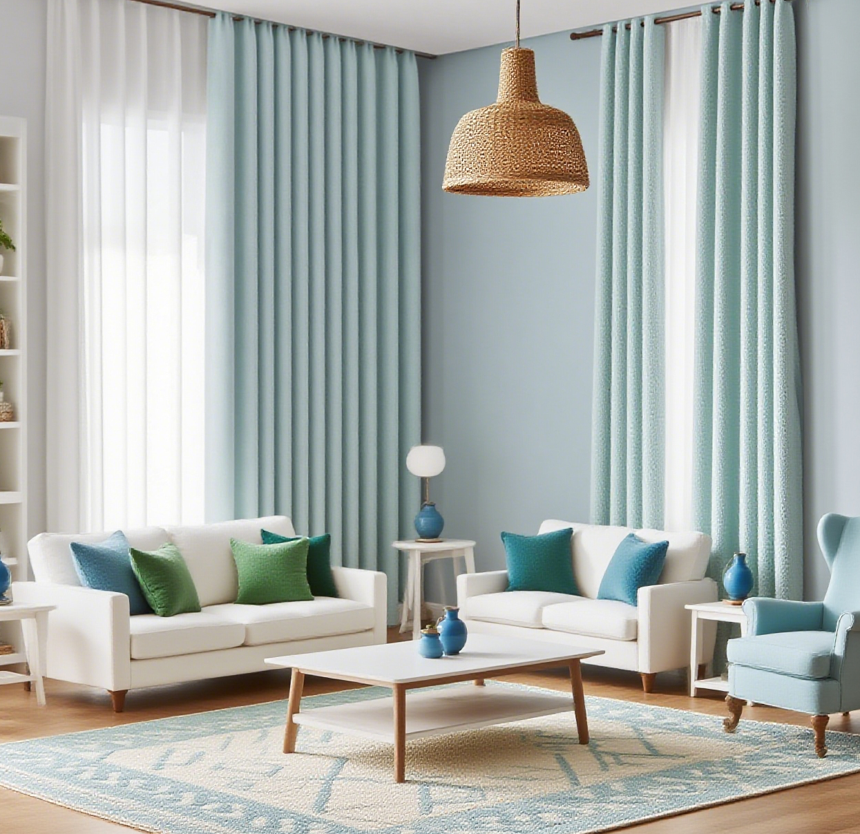 Airy living room with light blue curtains, wooden furniture, and a pendant light – ideal for modern, cozy interior design inspiration