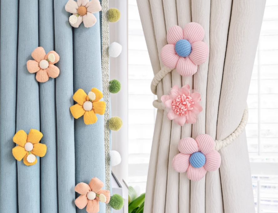 curtain accessories, floral embellishments, boho-chic interior design to match user searches for decorative window treatments and playful home decor